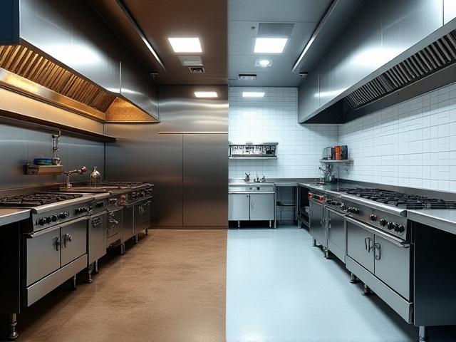 Before and after of a newly sanitized restaurant kitchen in Lekki