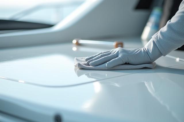 Luxury yacht interior being meticulously cleaned by a professional, showing sparkling surfaces.