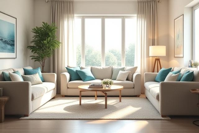 Bright and airy living room extremely clean after professional residential deep cleaning.